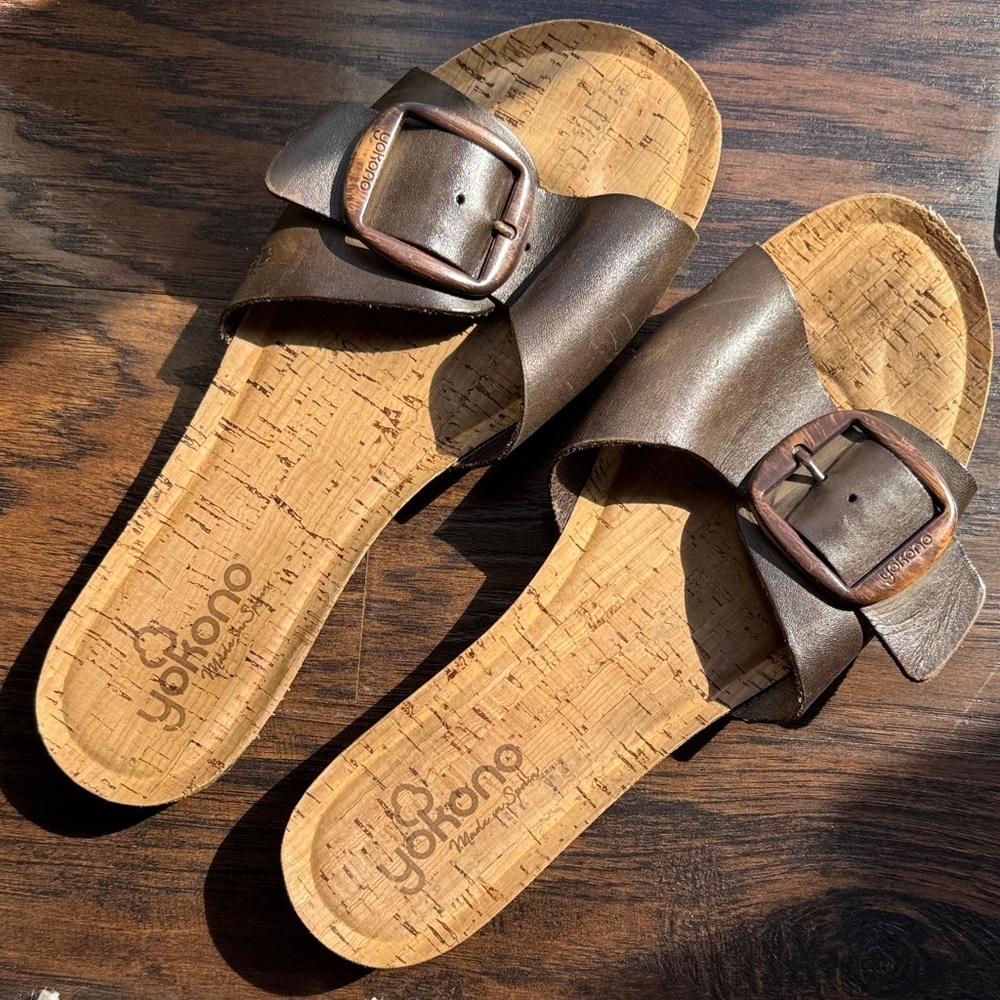 Yokono Women's Brown Cork Slide Sandals with Buckle Strap
